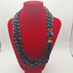 Vintage Unsigned Multi Strand Black Acrylic Beaded Necklace With Box Clasp 20"